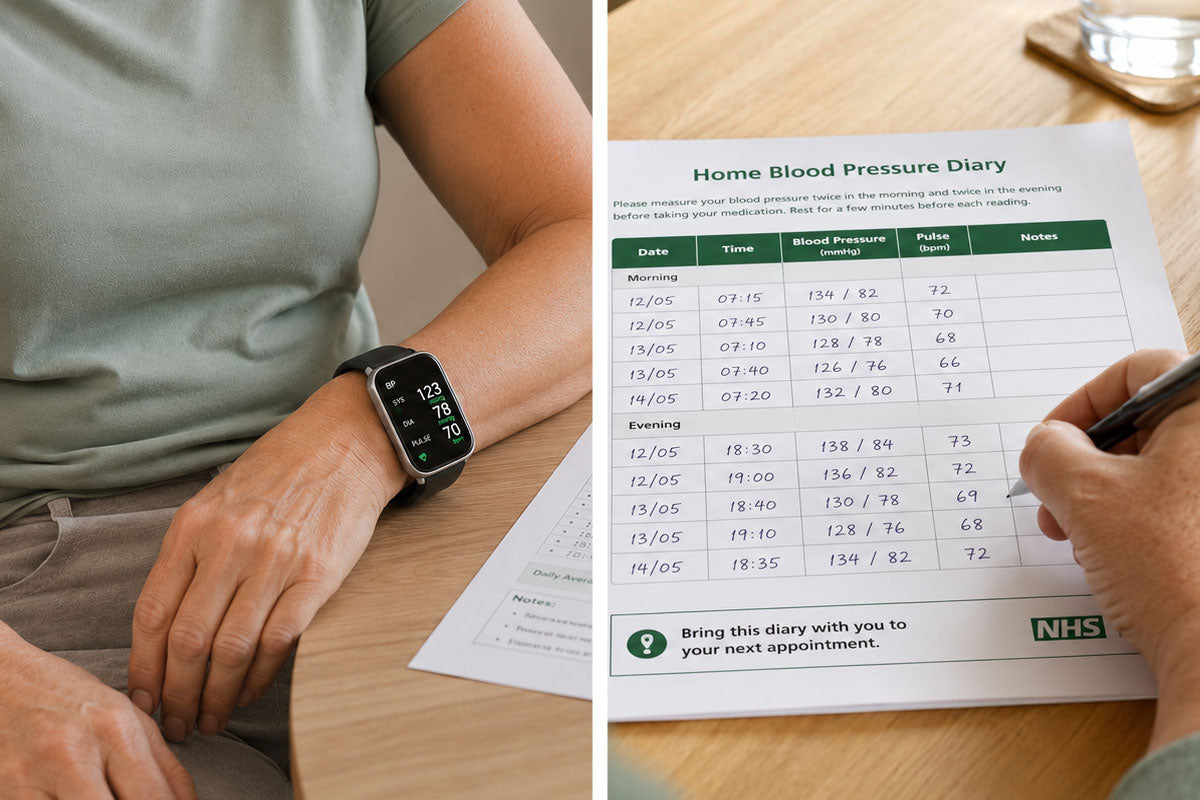 Person wearing a blood pressure monitor while checking readings at home, with a calendar and diary notes nearby to compare