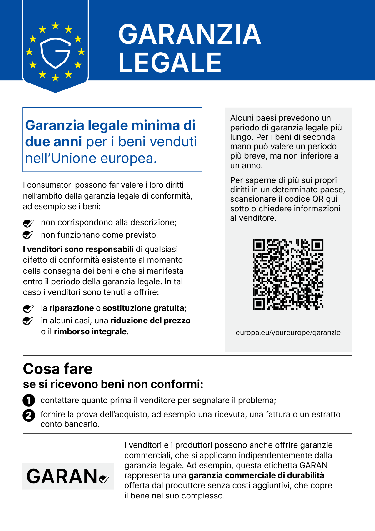 Avviso UE sulla garanzia legale: garanzia legale minima di due anni per i beni venduti nell’Unione europea
