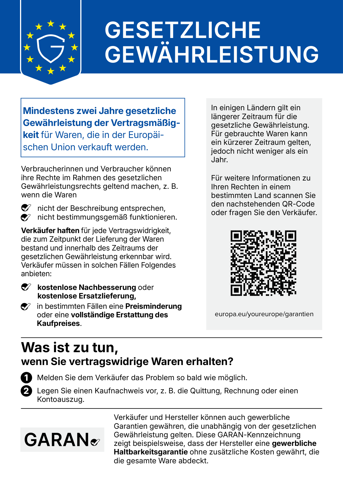 EU-Hinweis zur gesetzlichen Gewährleistung: mindestens zwei Jahre gesetzliche Gewährleistung für in der Europäischen Union verkaufte Waren