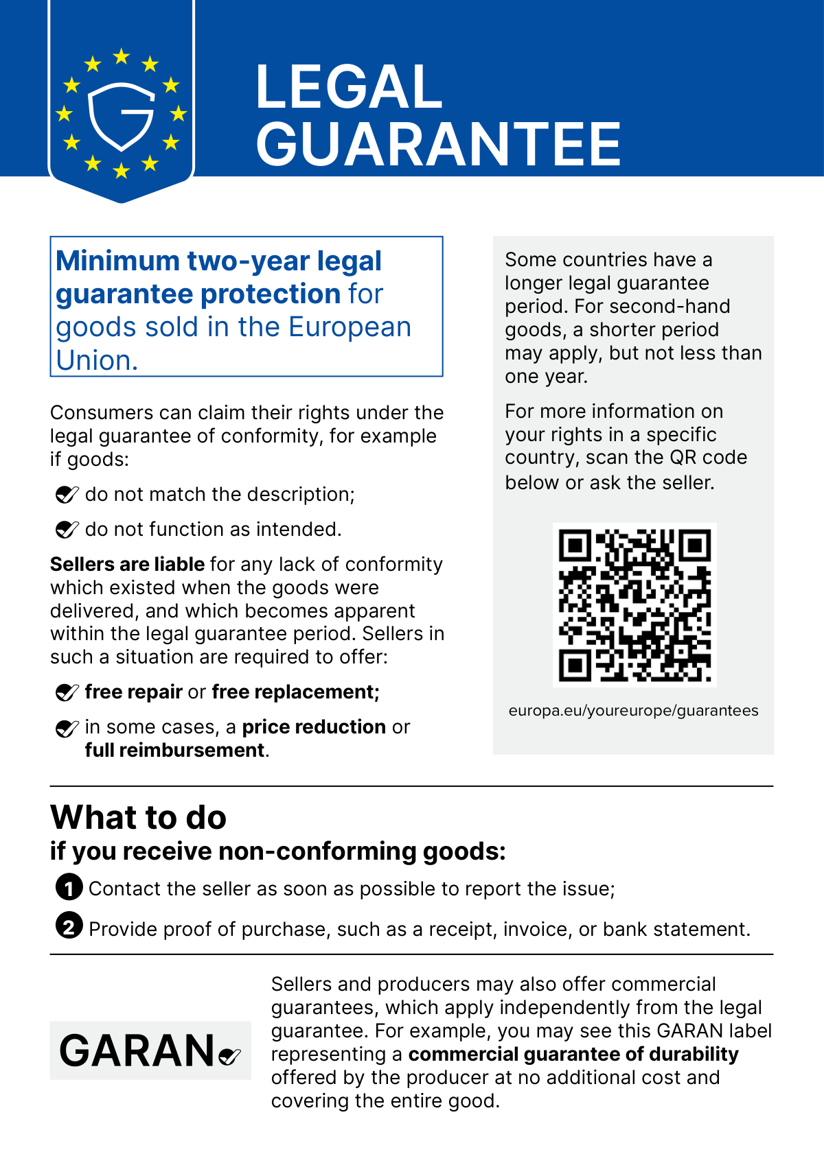 EU legal guarantee notice: minimum two-year legal guarantee for goods sold in the European Union