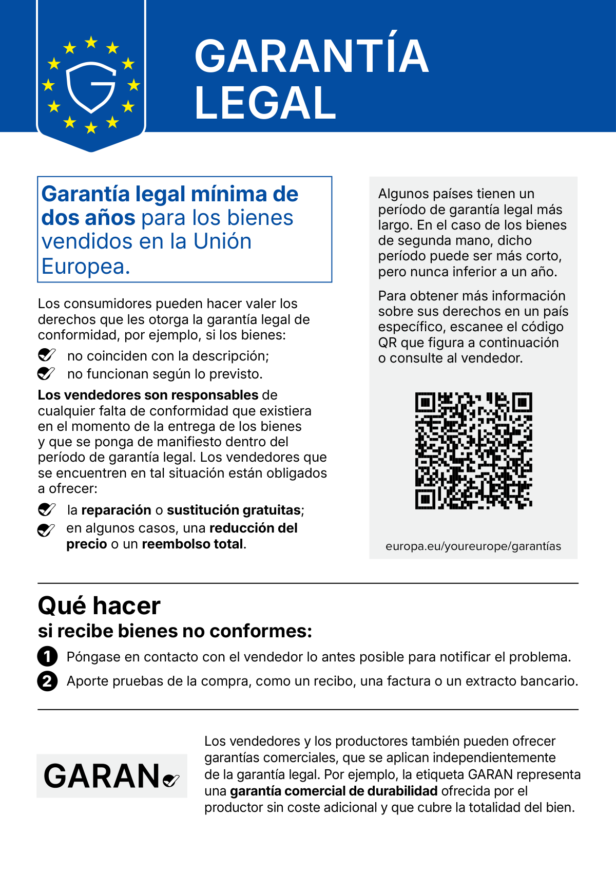 Aviso de la UE sobre la garantía legal: garantía legal mínima de dos años para los bienes vendidos en la Unión Europea